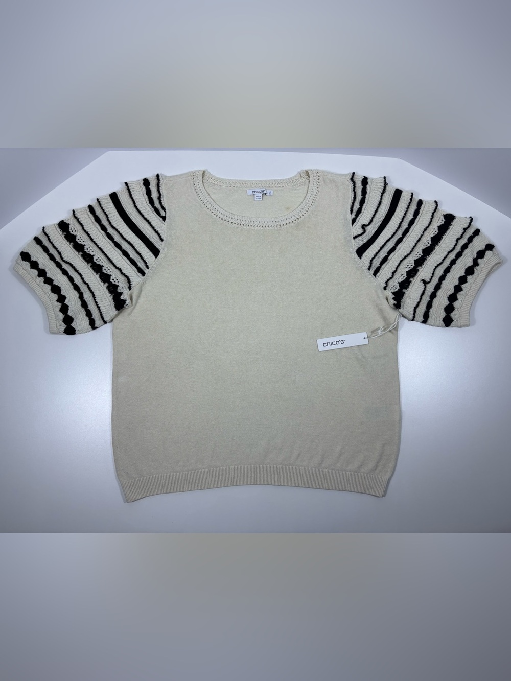 Chico’s Cotton Linen Ruffle Sleeve Pullover Sweater Natural Black XL NWT